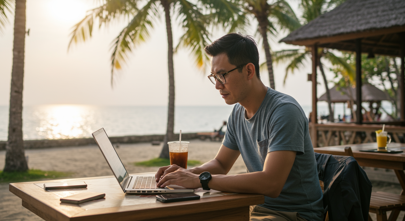 Experienced male digital nomad researching travel insurance at a beachside cafe in Bali, tropical setting.