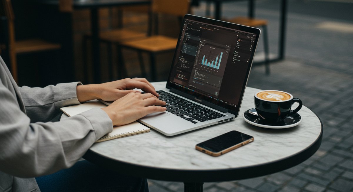 Minimalist mobile office setup featuring laptop, portable monitor, and ergonomic mouse in a modern cafe setting