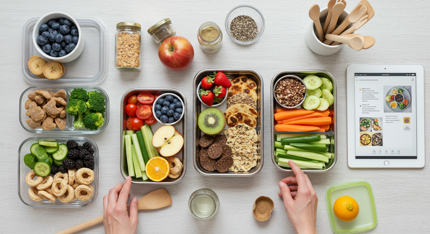 Overhead shot of colorful vegan snack meal prep containers on a bright kitchen counter, including fruits, vegetables, and healthy snacks.