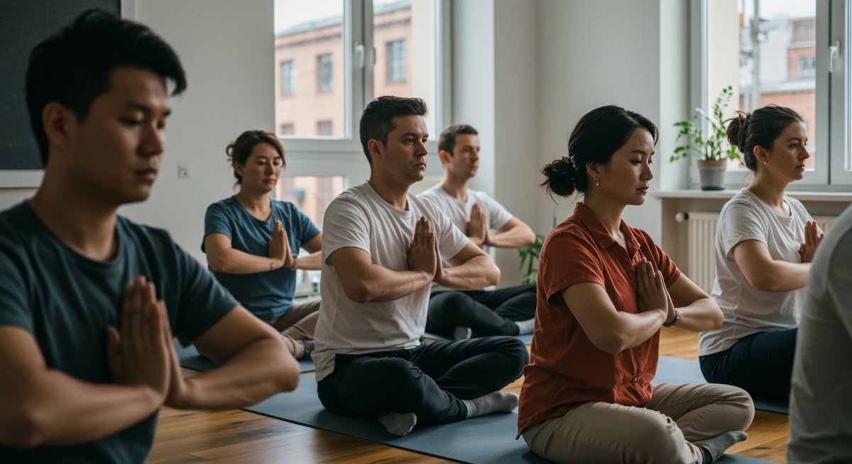 Diverse group of professionals practicing mindfulness and stretching to reduce job stress in a modern office, promoting career resilience.