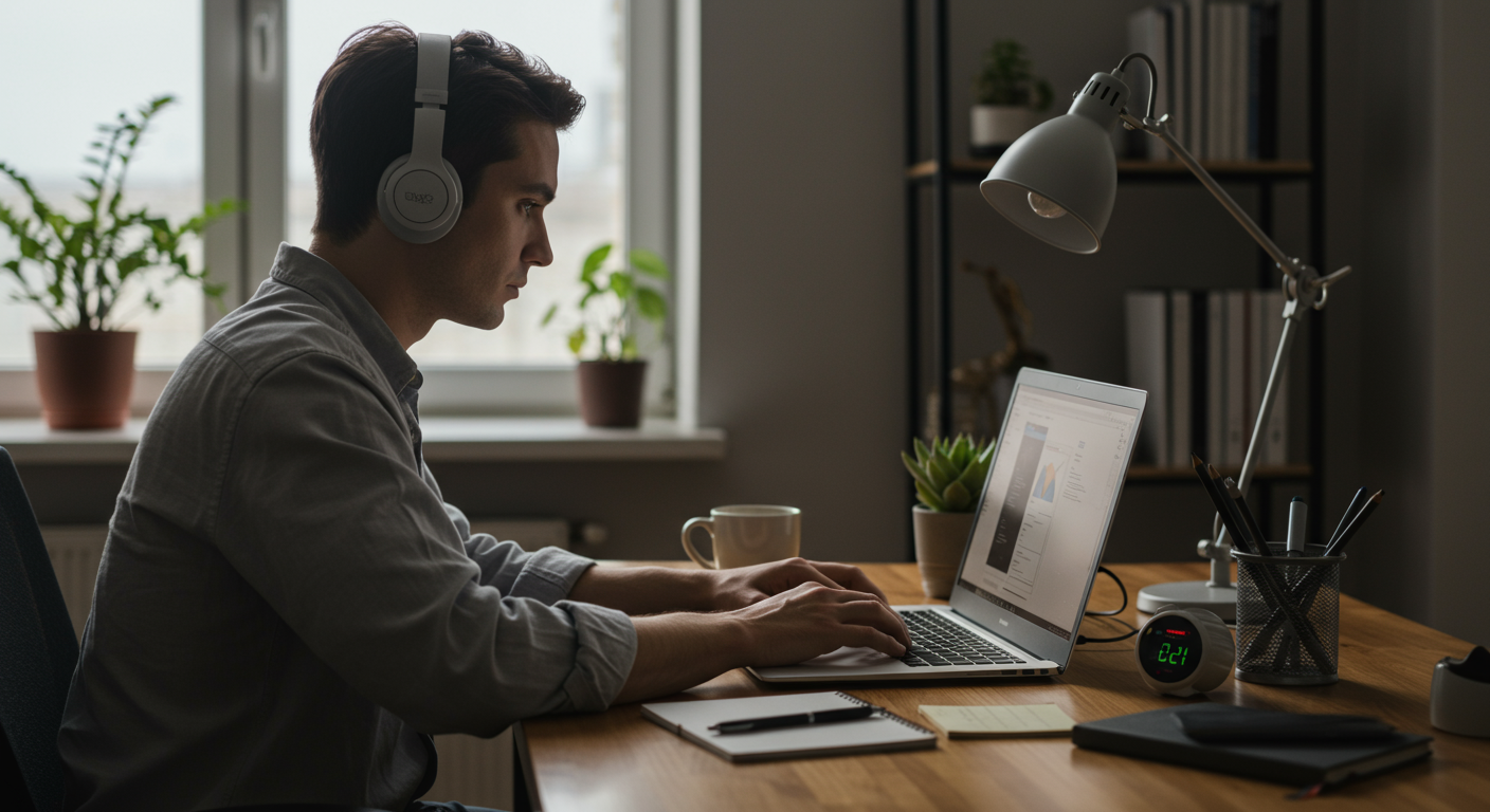 A person immersed in deep work at a modern home office, with headphones, laptop, and Pomodoro timer, representing focus and productivity.