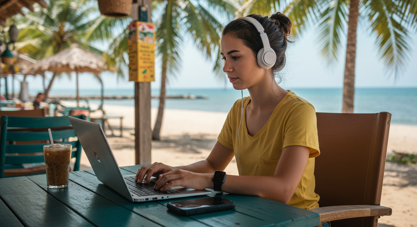 Digital nomad working securely at a beach cafe, laptop and headphones, cybersecurity theme