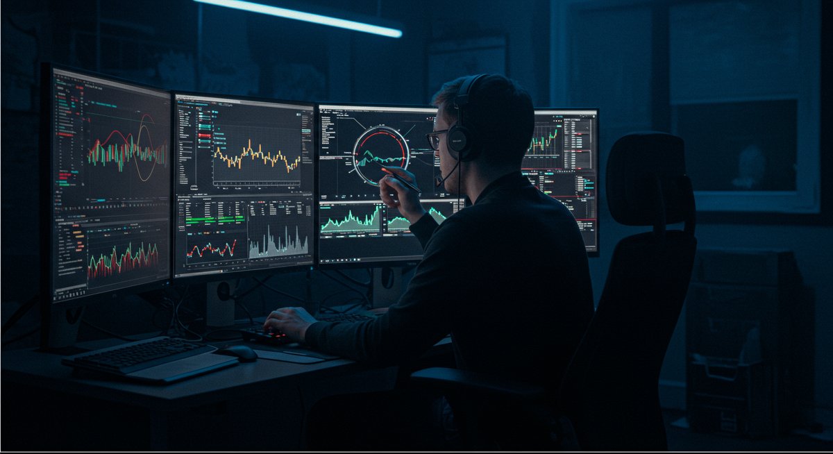 Bitcoin inflation analysis - crypto trader studying market trends in high-tech setup