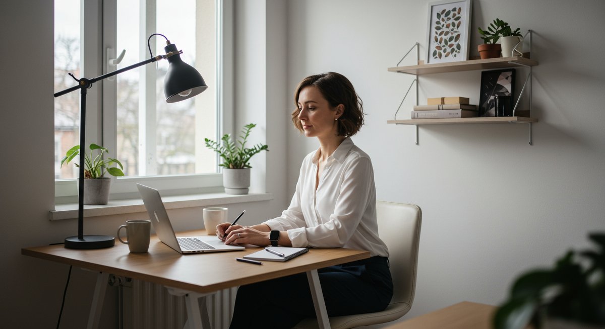 Minimalist home office design for 2025, showcasing a clutter-free workspace with a modern desk, natural lighting, and essential office supplies arranged for productivity.