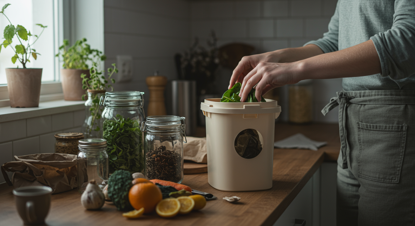 A person sorting compostable waste in a zero-waste kitchen. Featuring a countertop compost bin, reusable containers, and natural light.