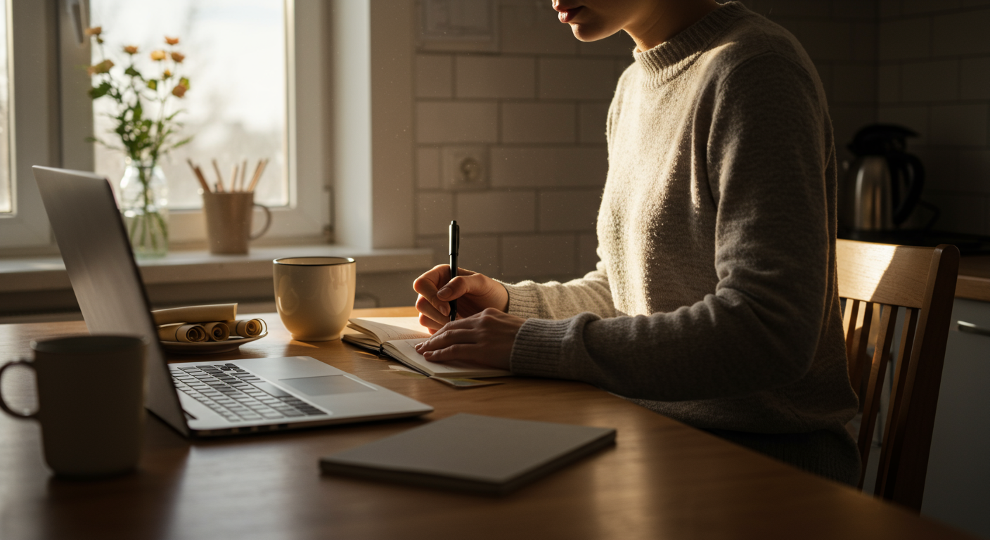 A person at a kitchen table working on a laptop with a coffee, minimalist planning session. Minimalist living, simple lifestyle, declutter, organized home, morning routine, productivity, focus