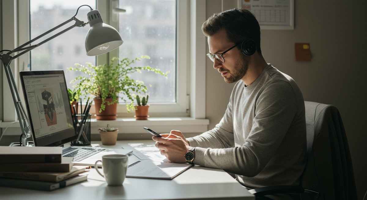 Digital detox illustration showing professional male practicing app minimalism in organized workspace