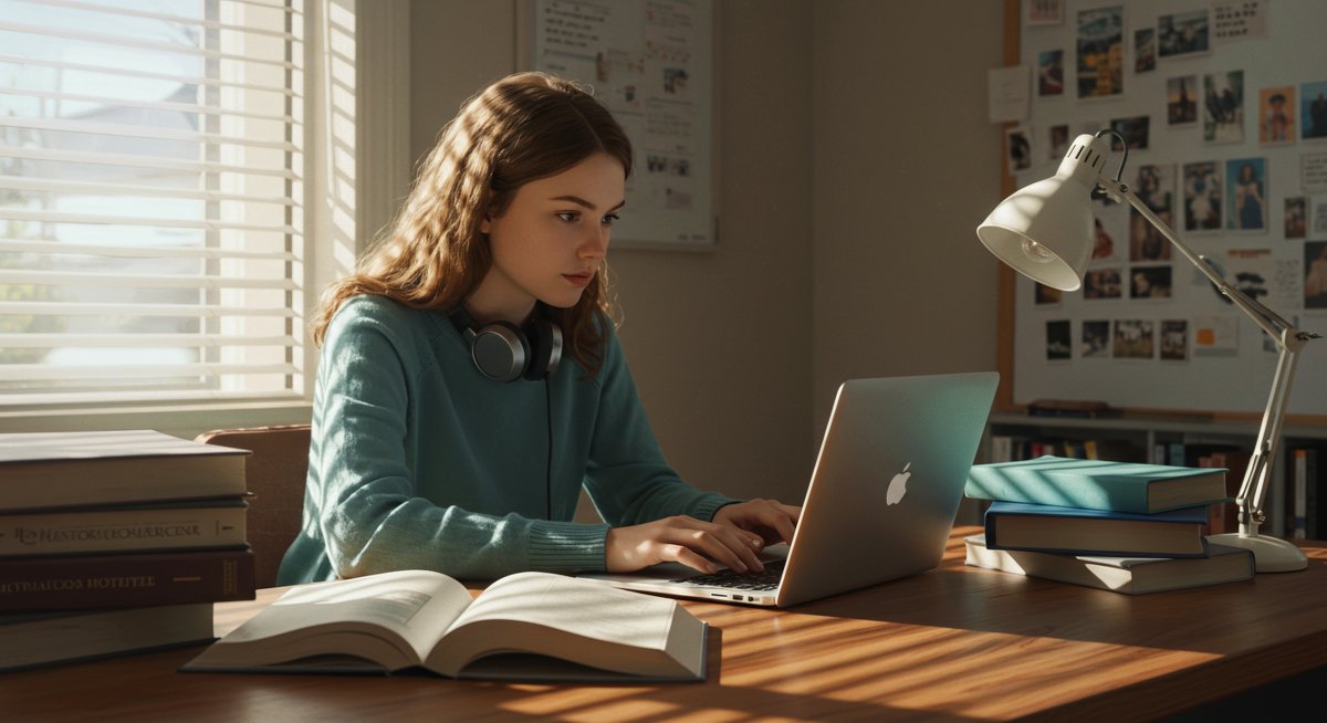 Female student studying with focused expression in a minimalist study environment