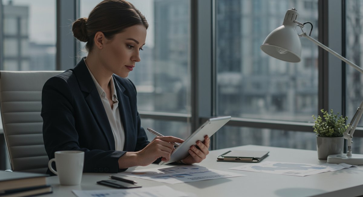 European P2P investor examining payment delay documentation in professional office setting