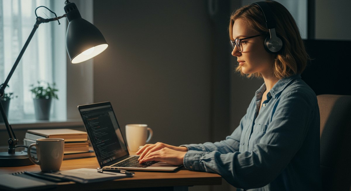 Female digital nomad researching healthcare and insurance for remote workers in a modern co-working space