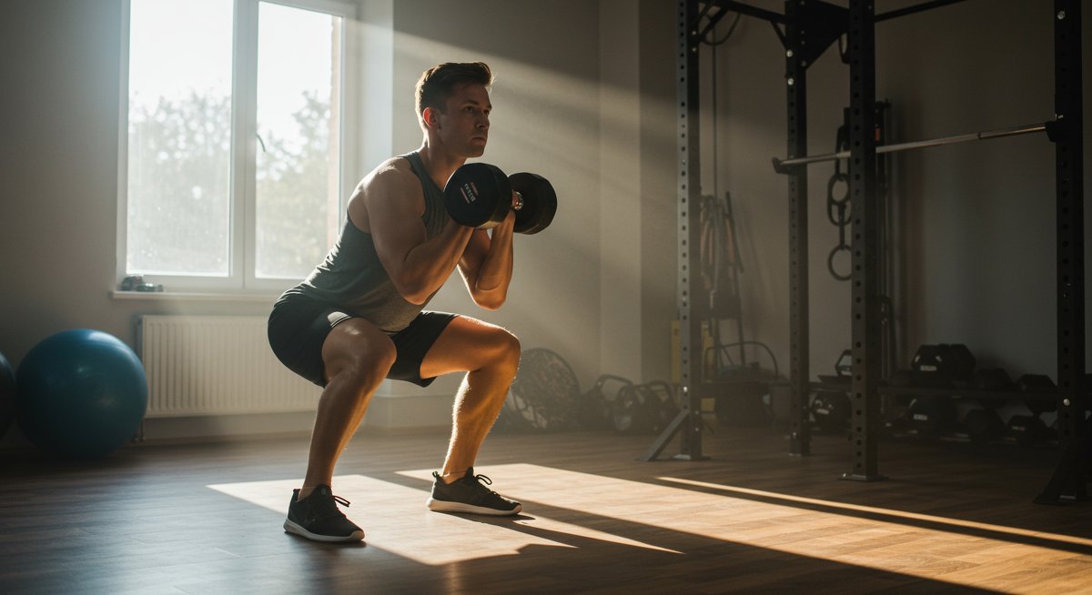 Person doing squats with dumbbells in home gym with natural lighting