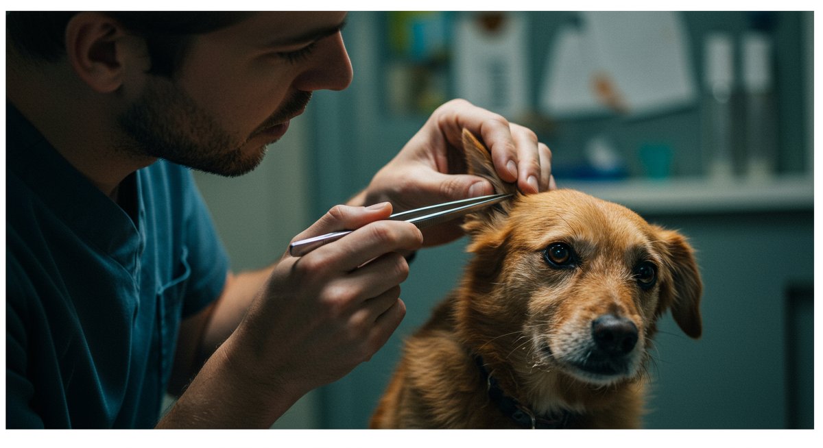 Experienced pet parent removing tick from dog's ear in professional vet setting with natural lighting