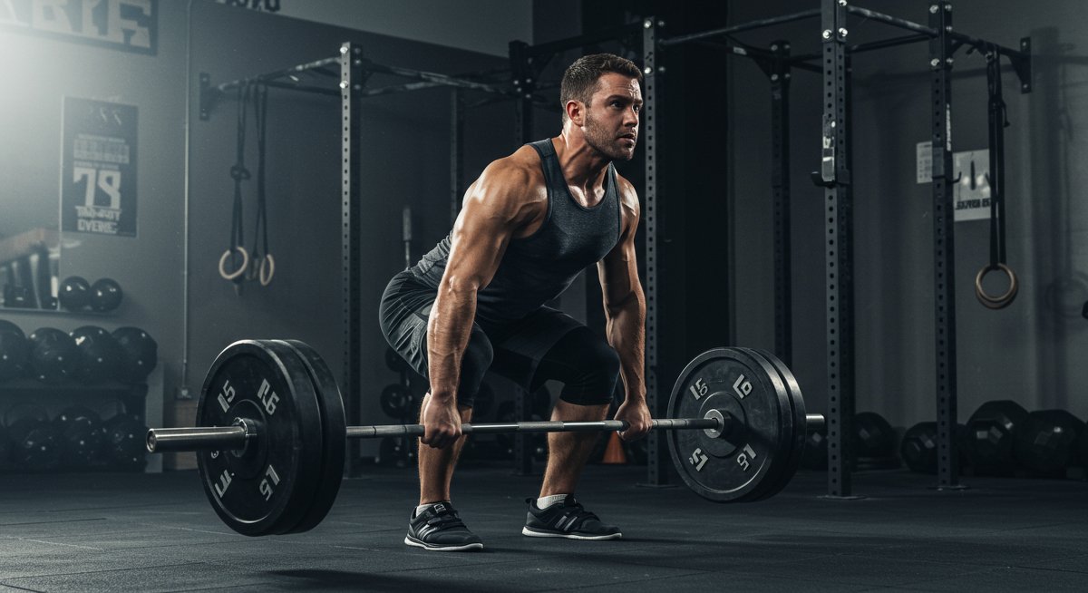 Athlete doing deadlifts in commercial gym with intense focus