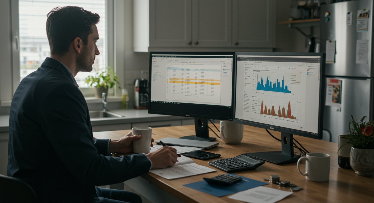 Experienced male budgeter using debt tracking spreadsheet and budgeting software in modern kitchen with professional setup