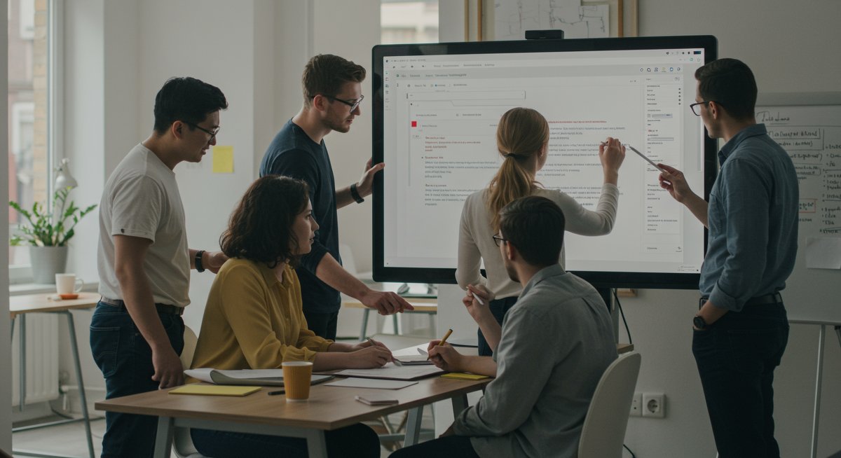 Diverse group of entry-level professionals collaborating on a cover letter using a touchscreen in a modern co-working space, illustrating career readiness and effective job application strategies.
