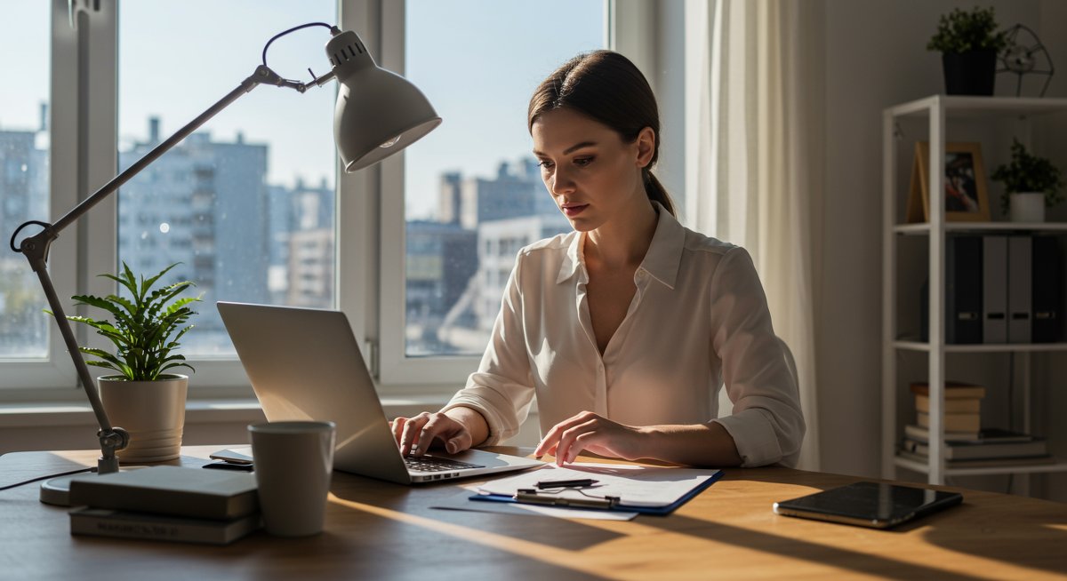 Digital nomad managing finances with laptop, budgeting tools, and cost of living documents in modern workspace