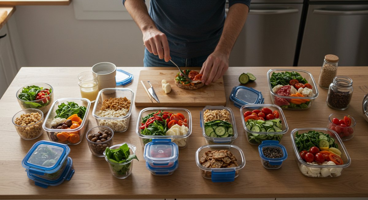 Professional illustration of global dinner recipes: meal prep containers with healthy lunches, modern kitchen setup, and a man preparing a diverse international dish