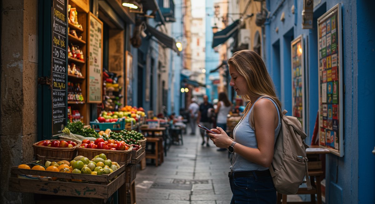 Budget traveler researching travel insurance in vibrant market setting with natural lighting