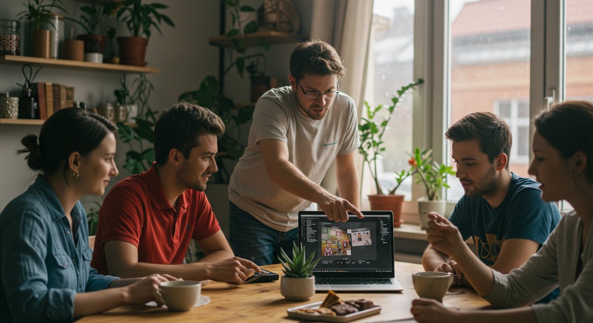 Digital nomads building community in a co-living space through shared work and meals
