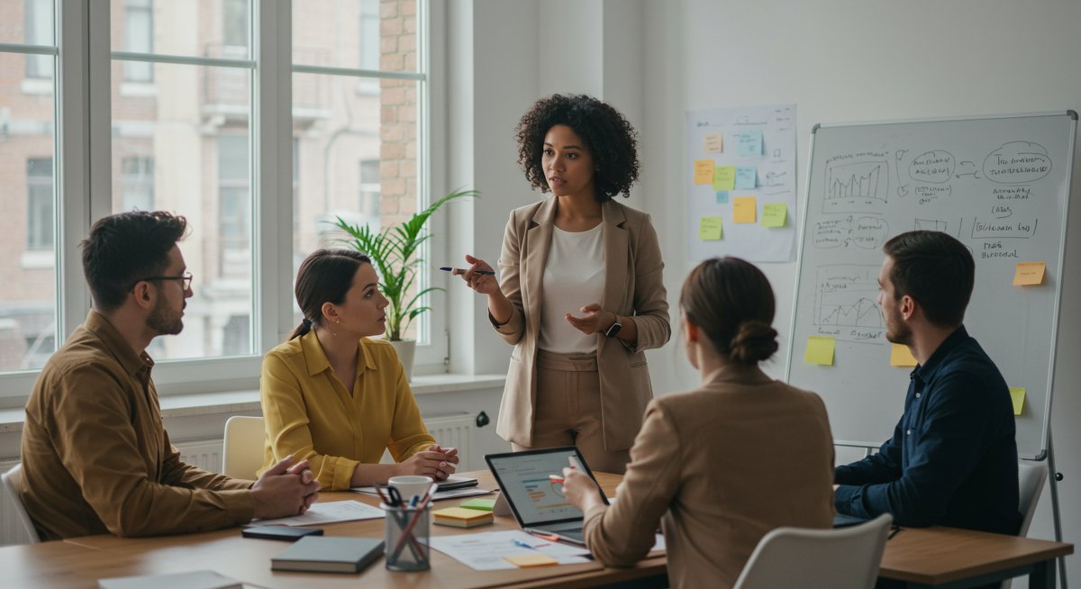 Diverse woman leading a brainstorming session with colleagues in a modern office, illustrating leadership skills and career advancement.
