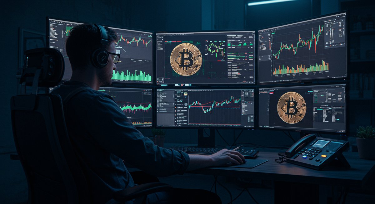 Bitcoin trading strategy visualization with global market charts, crypto lair setup, and multi-currency trading indicators