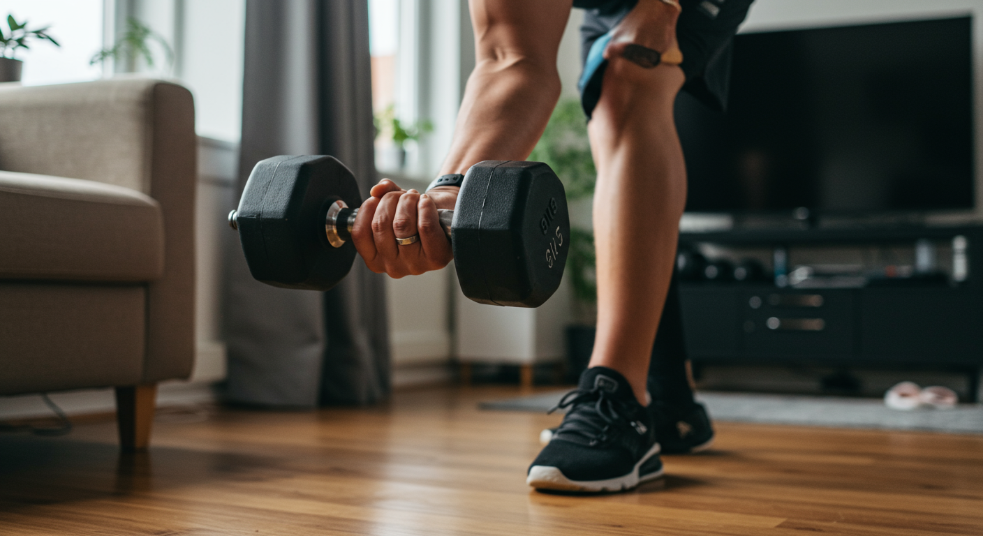 Intermediate fitness level person performing a dumbbell bicep curl in a home living room. Focused on building strength and muscle at home with dumbbells.