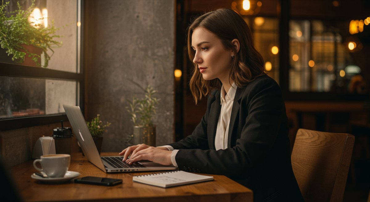 EU crypto trader engaged in compliance-focused trading with low-fee swap tools, modern café environment showing professional crypto trading setup