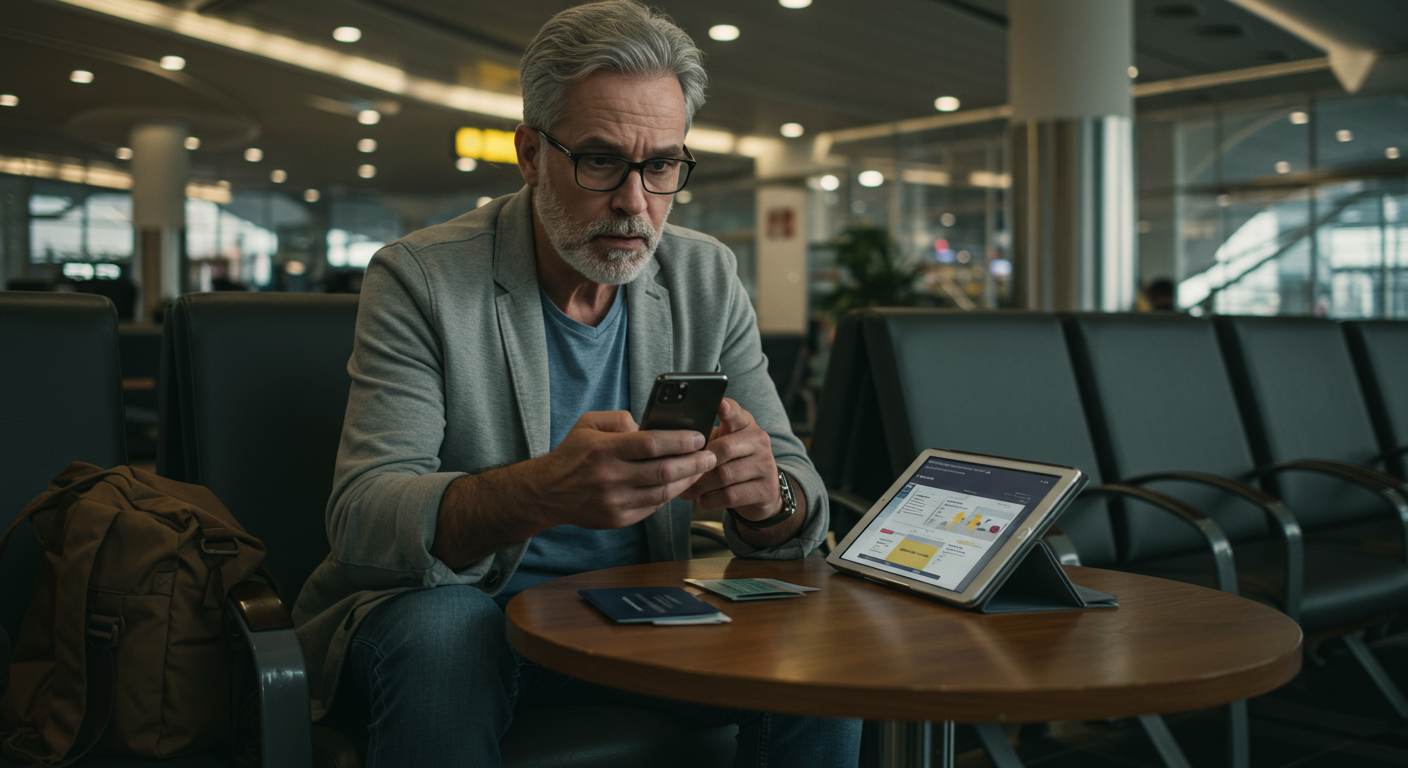 A traveler in an airport lounge looks concerned while holding a phone and a tablet, actively following an action-oriented checklist to recover a lost passport.