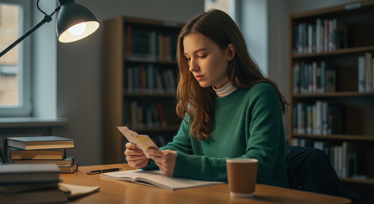 Student using memory-enhancing flashcards in a well-lit library environment for effective memory improvement techniques