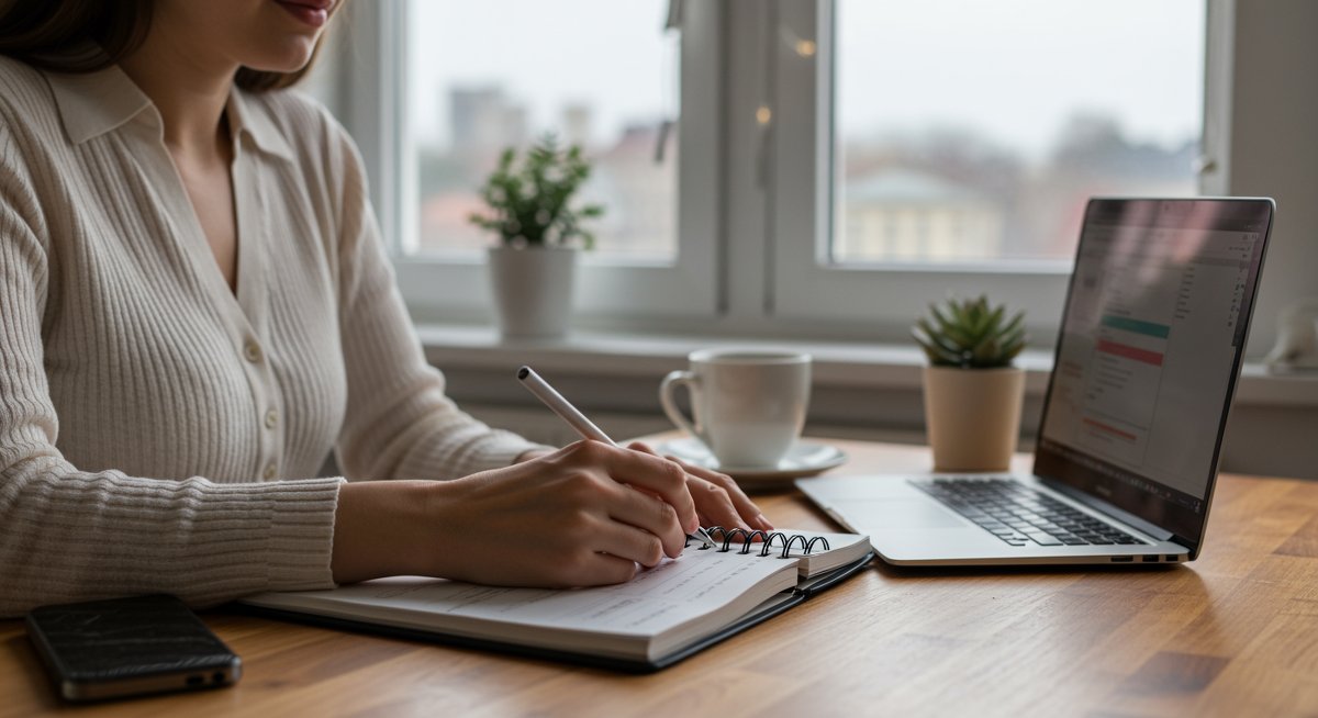 Woman at desk with laptop and planner, focused on time blocking