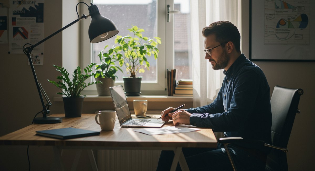 Young professional practicing minimalist budgeting with laptop, coffee, and notepad in organized home office
