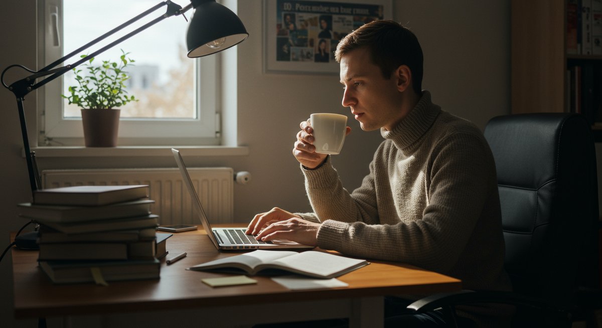 Self-learner demonstrating effective study habits with organized workspace and learning materials
