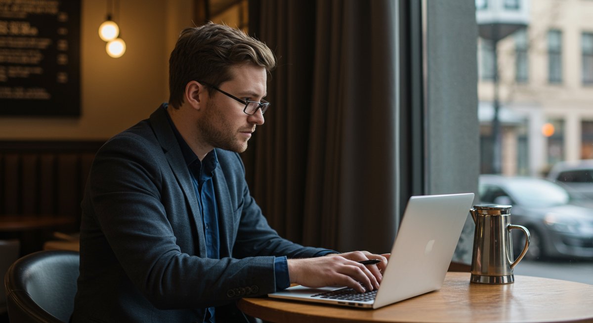 European investor analyzing P2P lending risk management in a modern café setting with clean design and regulatory focus