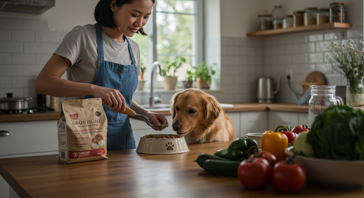 Woman preparing hypoallergenic dog food for sensitive stomachs in a clean kitchen with a happy dog eating from a ceramic bowl