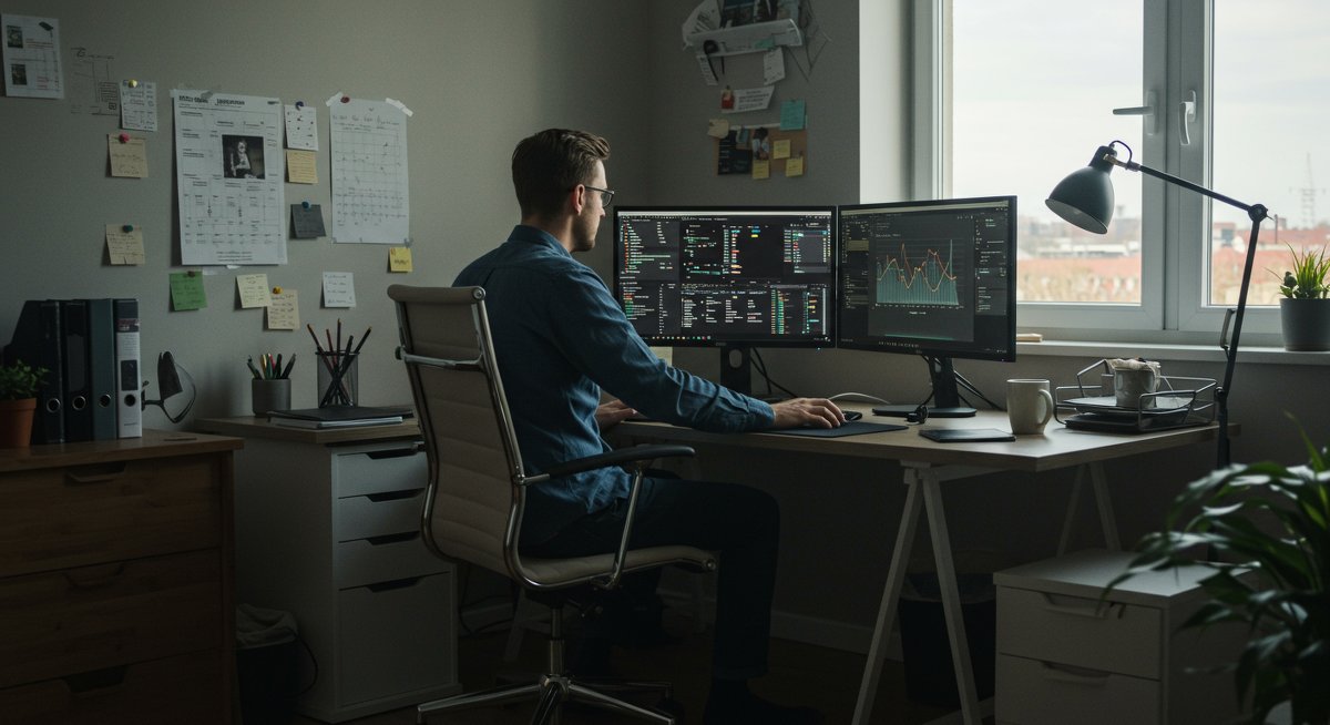 Remote work productivity illustration showing a man in a modern home office using project management tools with Pomodoro timer, emphasizing focused work and efficient workspace
