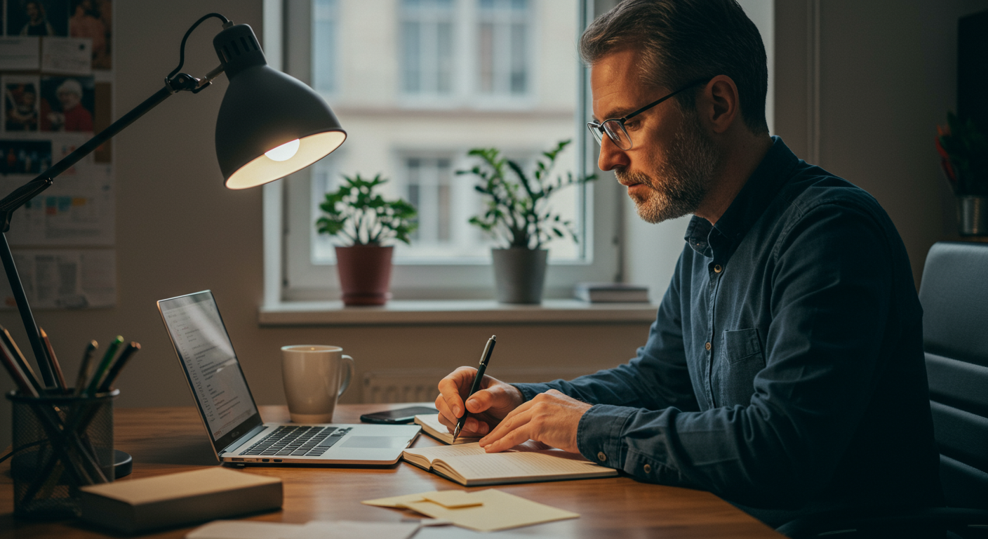 Mid-career professional studying online courses for career transition, emphasizing skill development and remote work