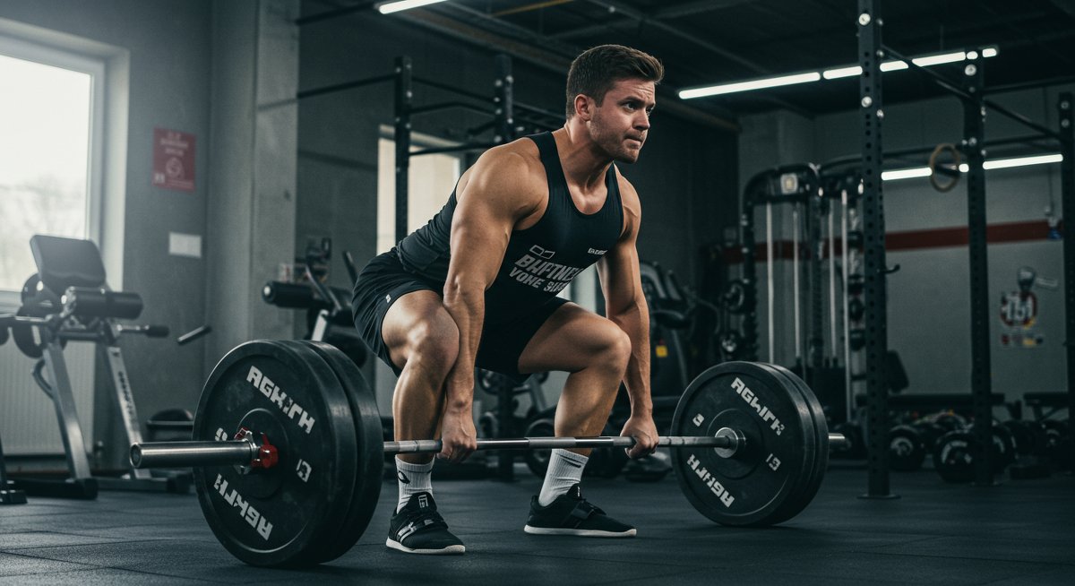 Person doing deadlifts in gym with dramatic lighting