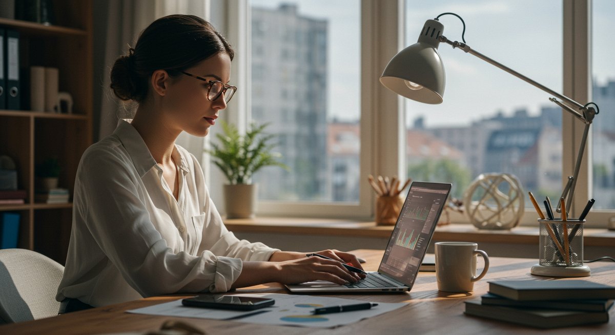 Professional Nordic P2P lending illustration showing a woman analyzing financial data with minimalist Scandinavian decor and digital risk assessment visuals