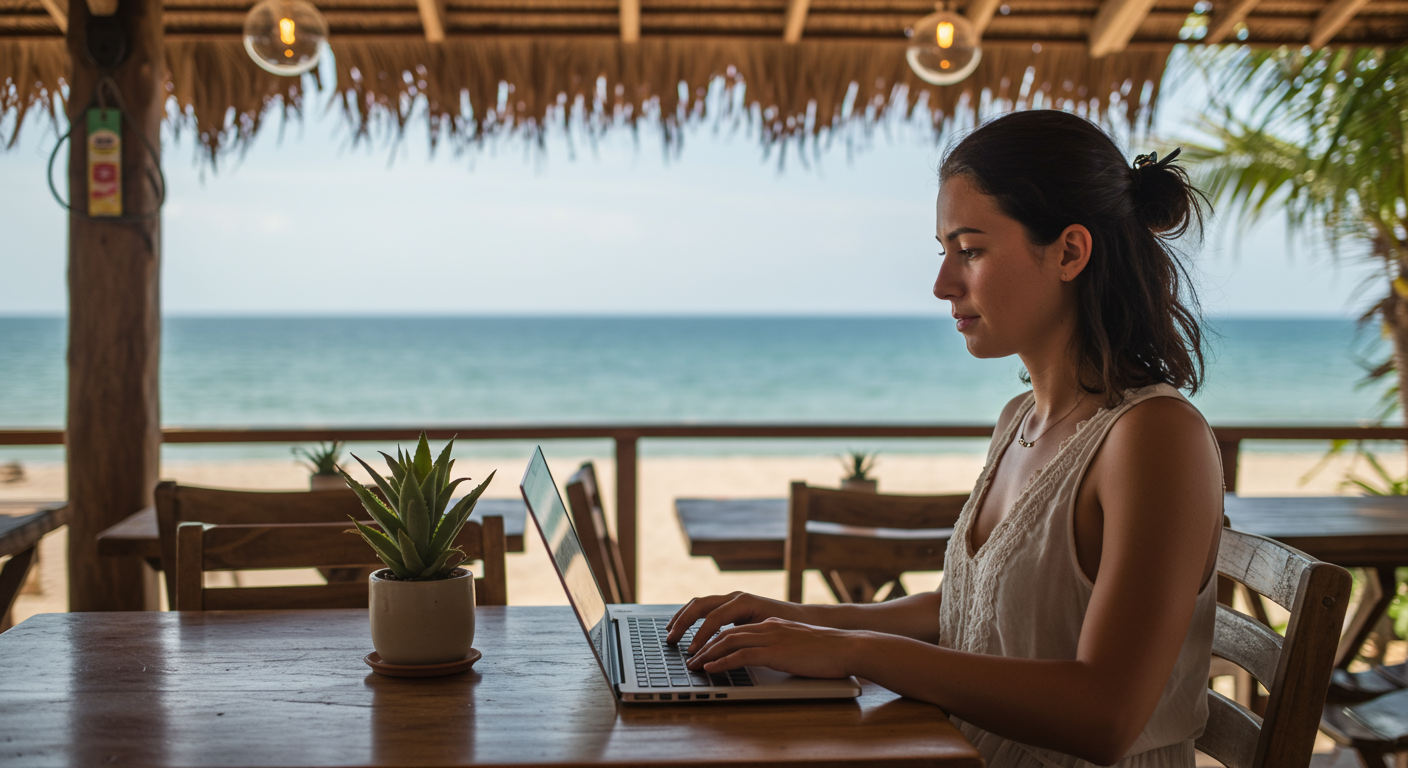 Female freelance nomad working at a beachside cafe, laptop, tropical setting, focused, freedom, productivity, diverse representation.