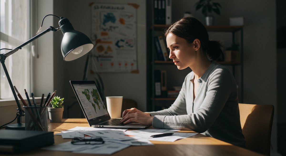 Digital nomad researching affordable healthcare abroad with world map and insurance documents in modern workspace