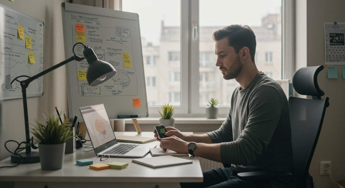 Professional man focused on productivity with Pomodoro timer, minimalist workspace, natural lighting, and brain diagram sketch