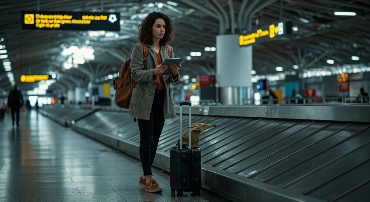 Traveler checking baggage allowance information at airport with suitcase and tablet