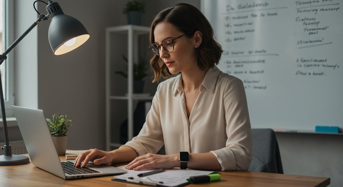 Mid-career professional preparing for interview with organized workspace and motivational elements