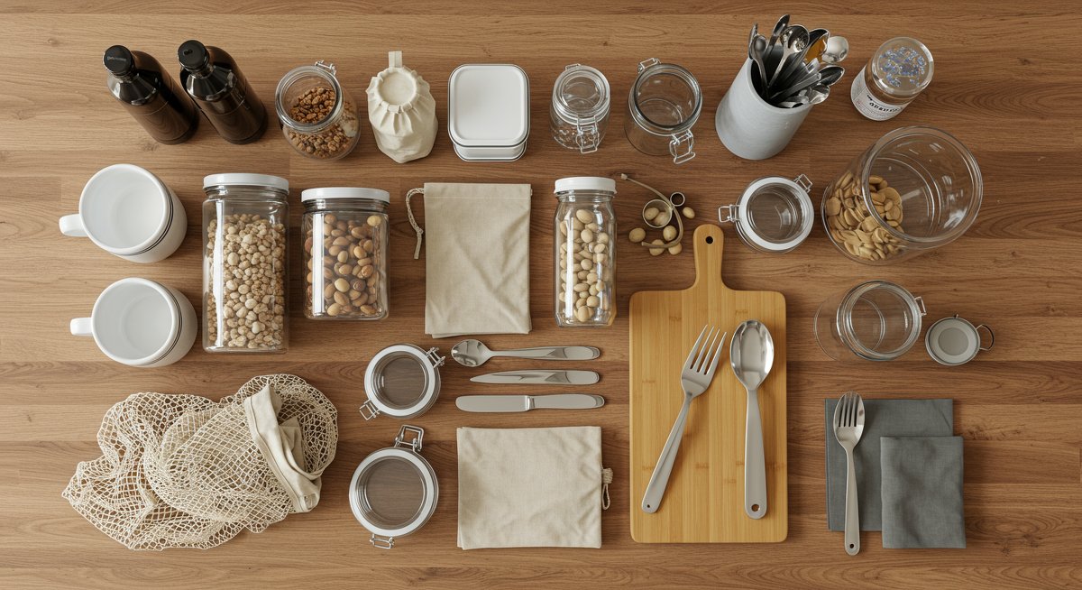 Zero-waste kitchen essentials organized in a clean, modern zero-waste kitchen setup