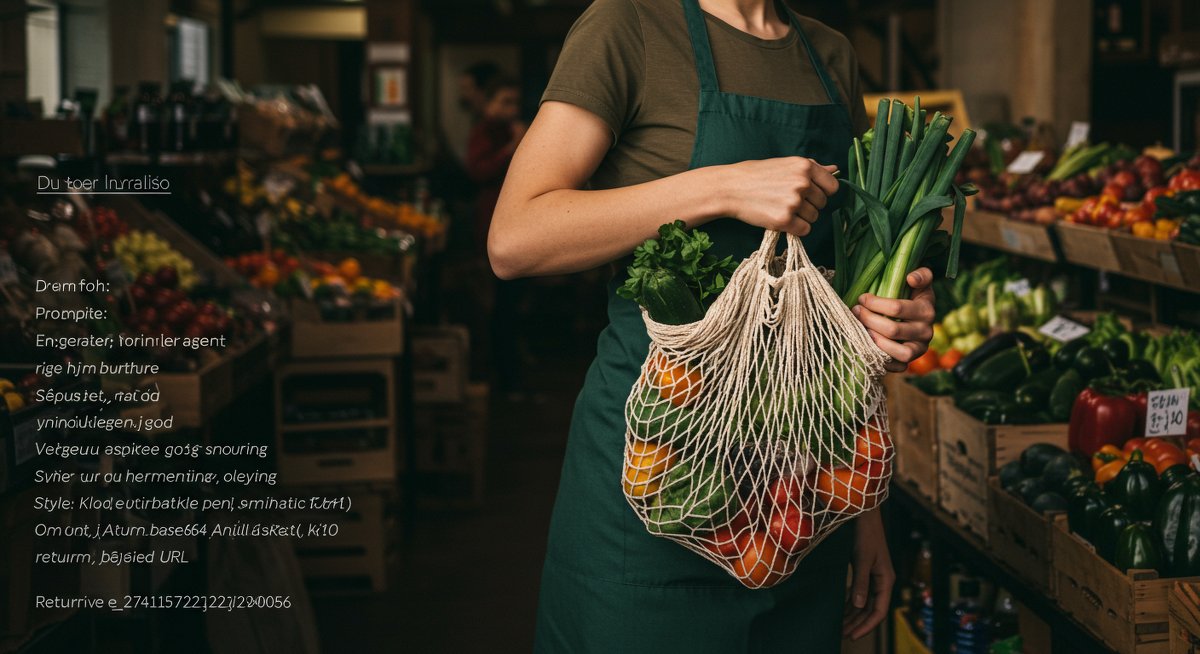 Sustainable food on a budget: Person shopping at farmers' market with reusable bags and fresh produce