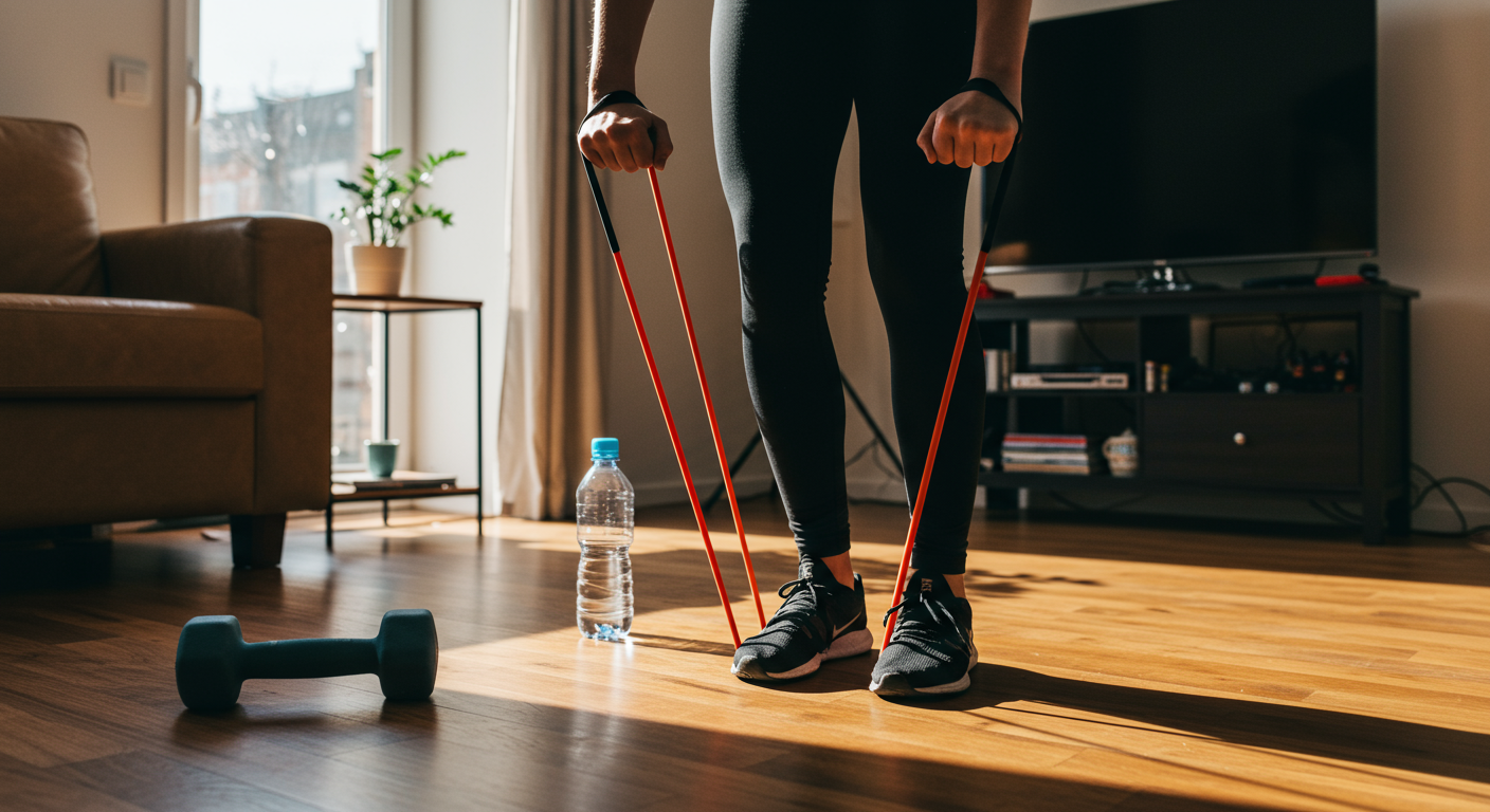 Intermediate fitness enthusiast performing a bicep curl with a resistance band at home.