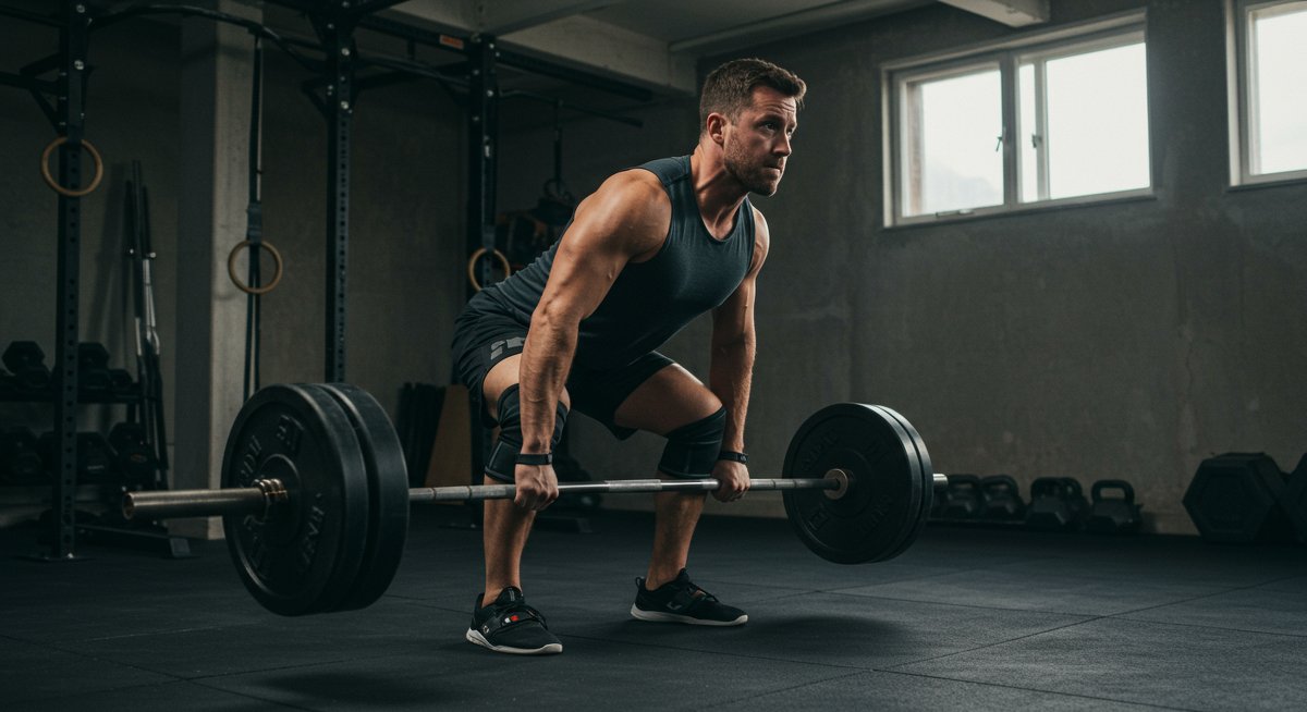Person doing deadlifts in basement gym with weightlifting equipment