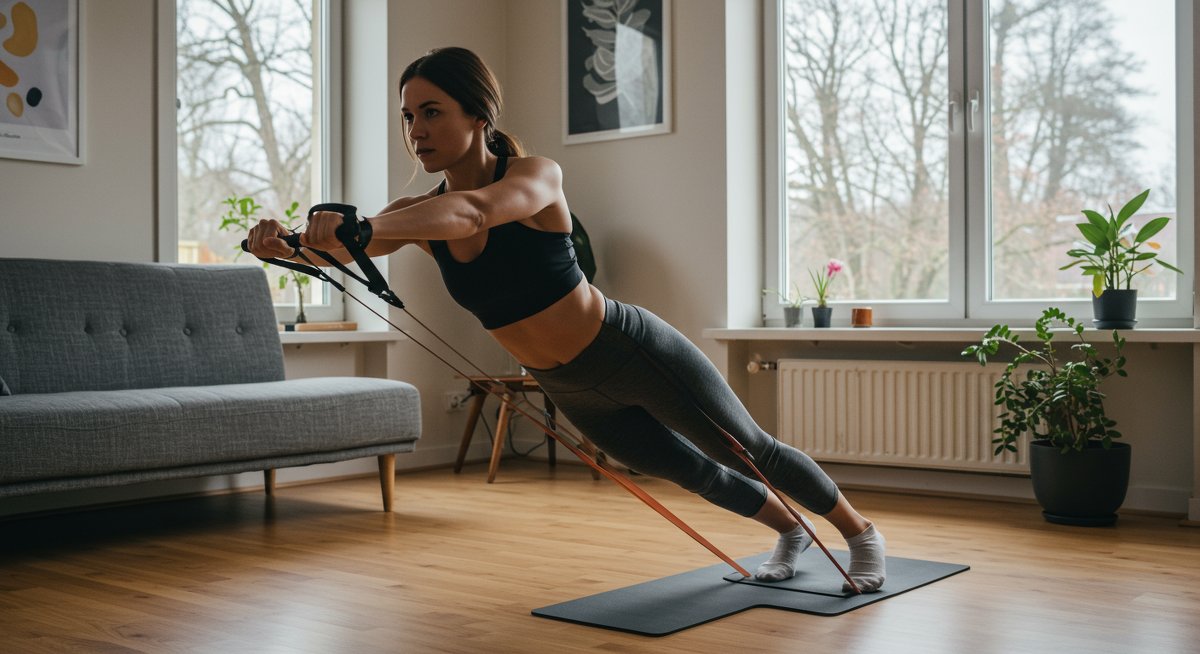 Woman performing core-strengthening resistance band exercises at home with a focused expression and determination.