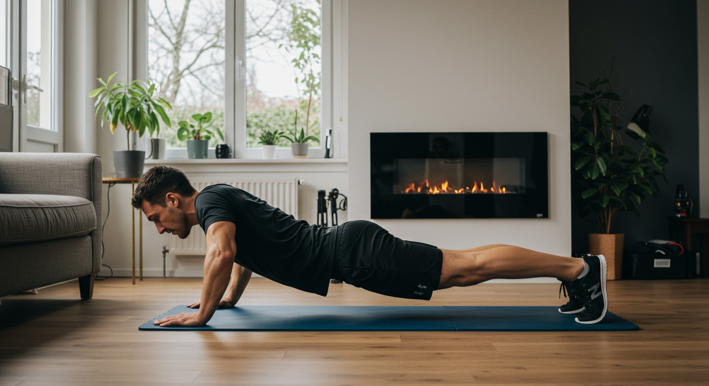 Advanced core exercise at home: A person demonstrating a dragon flag, showcasing core strength and determination in a home workout setting.