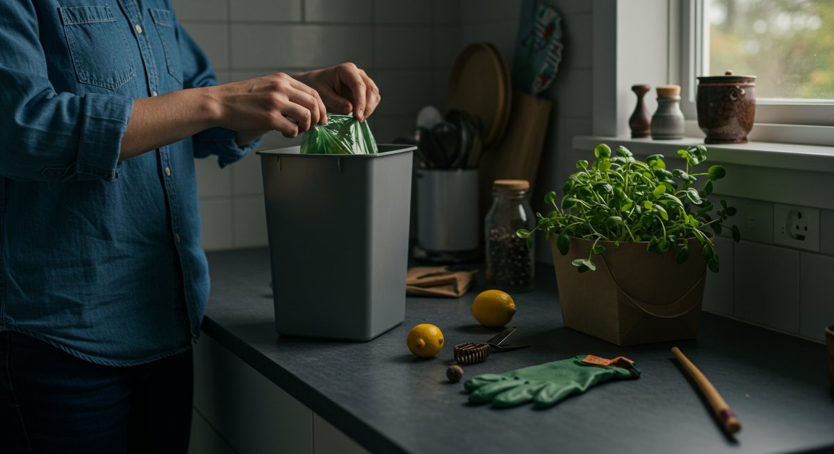 Composting for beginners: Sorting food scraps into a compost bin with gardening tools, natural lighting, zero-waste kitchen setup
